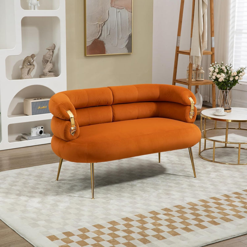 50” Velvet Loveseat Sofa Chair, Modern 2-Seater Sofa with Golden Feet, Mid Century Modern Upholstered Leisure Couch for Small Spaces Living Room, Bedroom, Apartment (Orange)