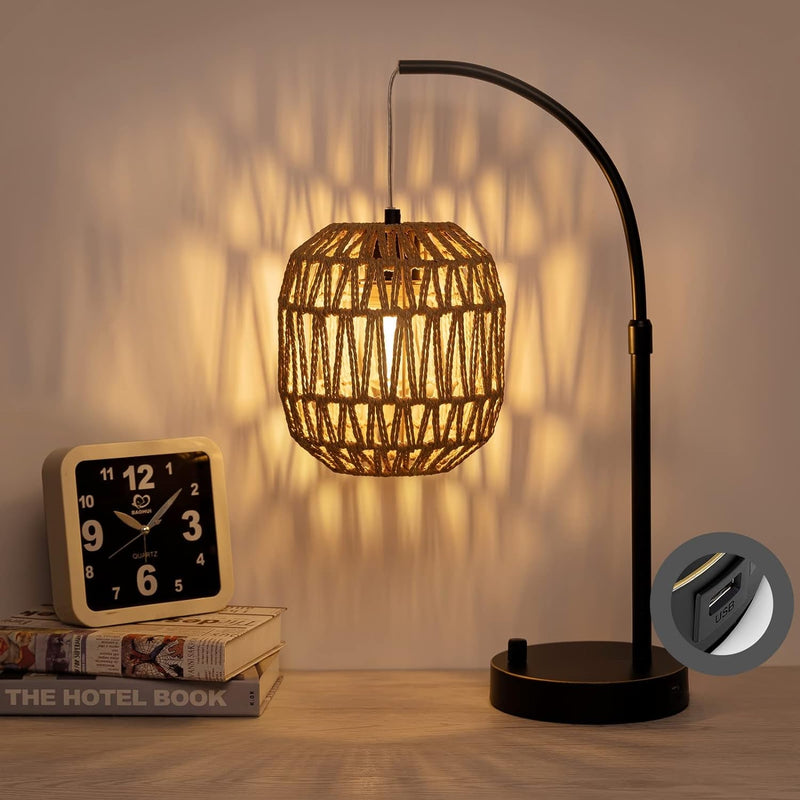 Art Deco Table Lamp, Brown Porcelain, Metal and Rattan, Edison Nightstand Lamp with USB Port, 18X7.5X11.8 Inches, 5W LED, Touch Control, for Home Office Reading