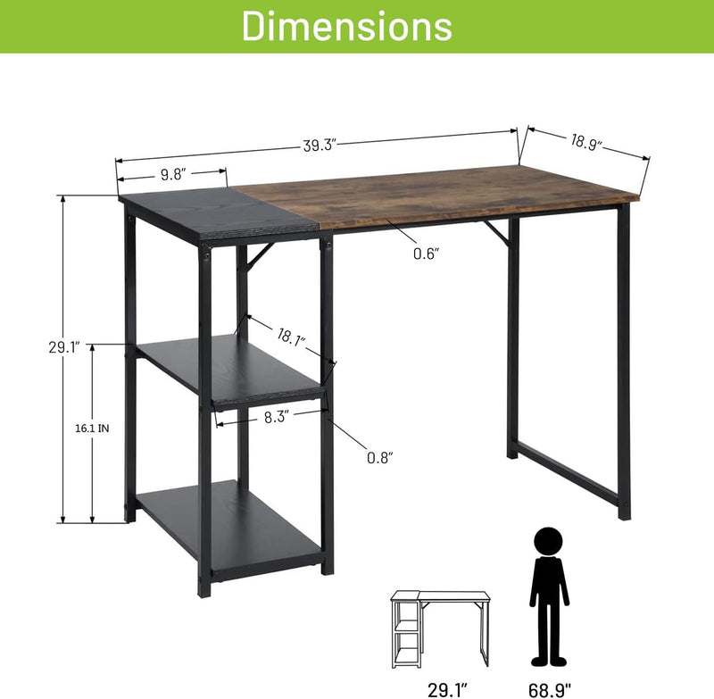 Furniturer 39.4 Inch Study Writing Table with Storage Shelves Space Saving for Home Office, Modern Simple Style PC Metal Frame Computer Desk, Black&Brown