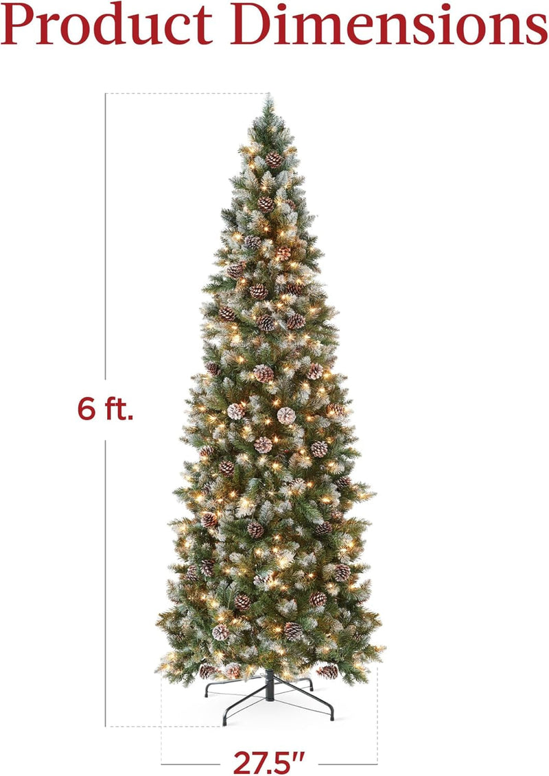 Best Choice Products 6Ft Pre-Lit Pencil Christmas Tree, Partially Flocked & Frosted Slim Holiday Tree Decoration, Skinny Xmas Tree, 250 Lights, 618 Frosted Tips, 50 Pine Cones, Foldable Stand