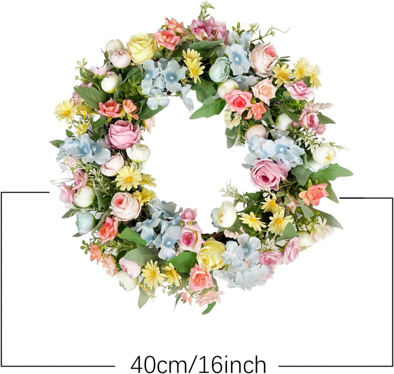 16'' Wreath - Artificial Wreath for Front Door - Flower Wreath with Rose and Hydrangea - Floral Wreath for All Seasons Door Wall Window Festival Farmhouse