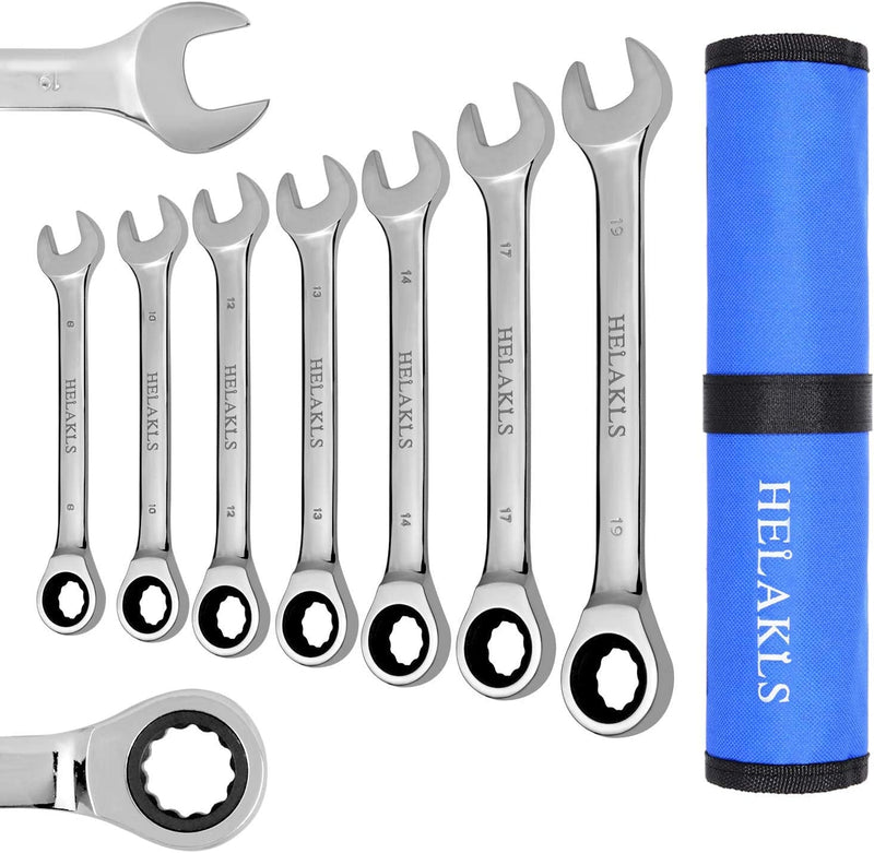 10-Piece 1/4-3/4 Inch Ratchet Wrench Set Chrome Vanadium Steel SAE Combination Box Open Ended Standard Kit Tool for Mechanic with Portable Suspended Canvas Bag