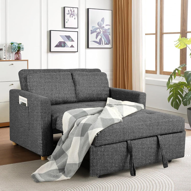 Umwandelbares Schlafsofa, 3-in-1-Schlafsofa, Ausziehcouch, 2-Sitzer-Futonsofa aus Leinenstoff mit Federunterstützung, verstellbare Rückenlehne für kleine Räume, Wohnzimmer, Olivgrün