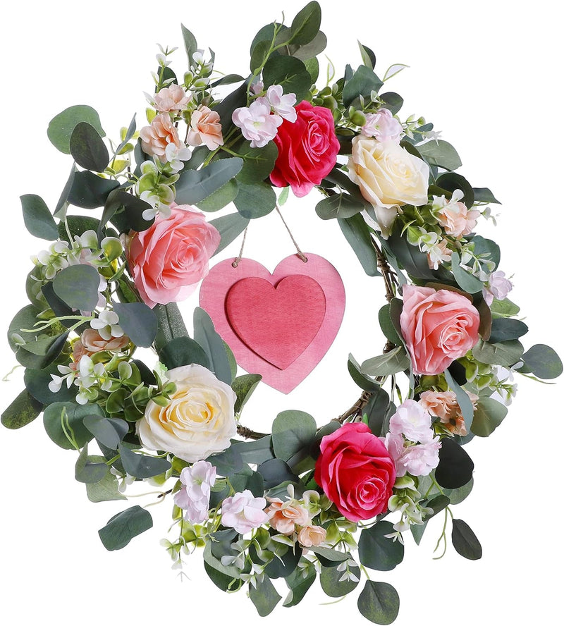 20 Inch Valentine’S Day Wreath,Rose Flower Wreath with Eucalyptus Leaves Wooden Heart for Front Door Wall Window Decor and Valentine’S Day Wedding Anniversary Party Decorations