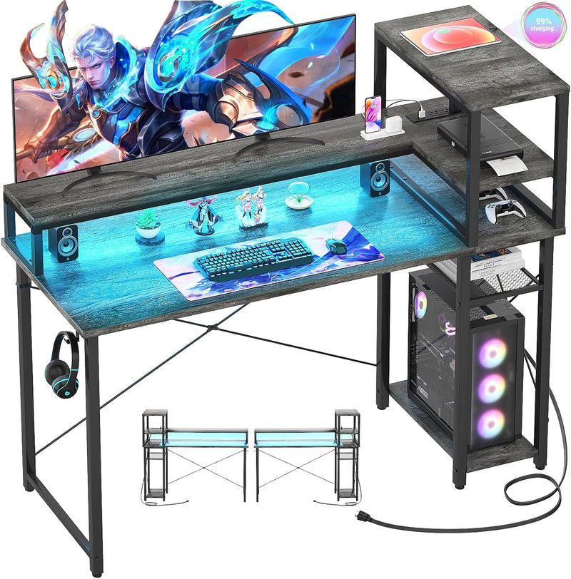 Bureau de jeu Cylysio 39", bureau d'ordinateur avec étagères de rangement réversibles, bureau à domicile avec prises de courant et lumières LED RVB, petit bureau pour jouer, étudier, travailler, noir