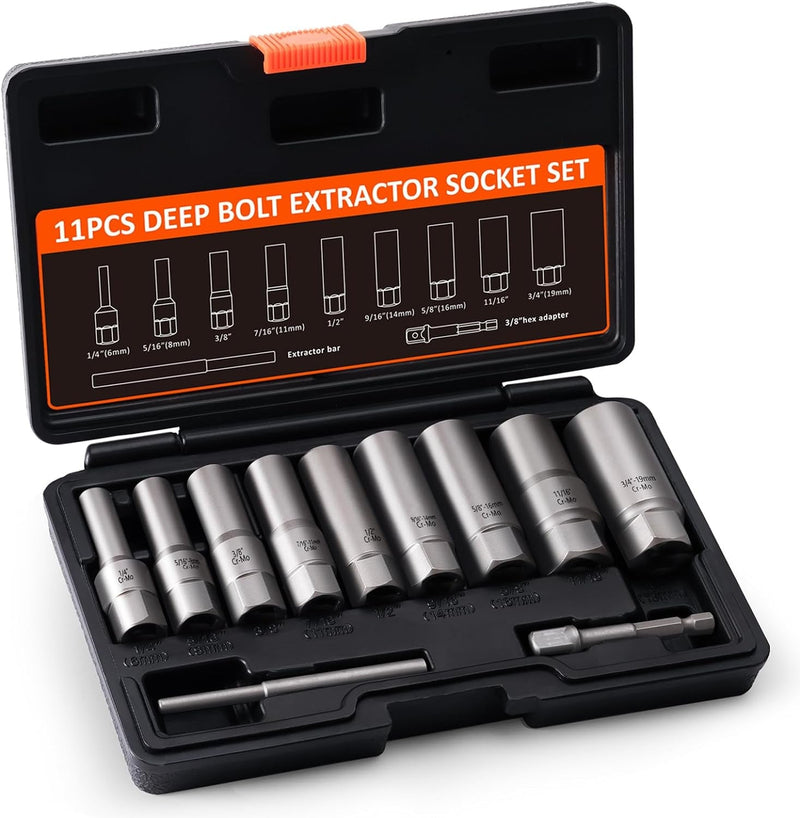 12Pcs Bolt Extractor Set, Easy Out Deep Bolt Extractor Kit for Stripped Broken Rounded Bolts Lug Nut Spark Plugs Stud Remove, Bolt Extractor Socket Set with Adapters