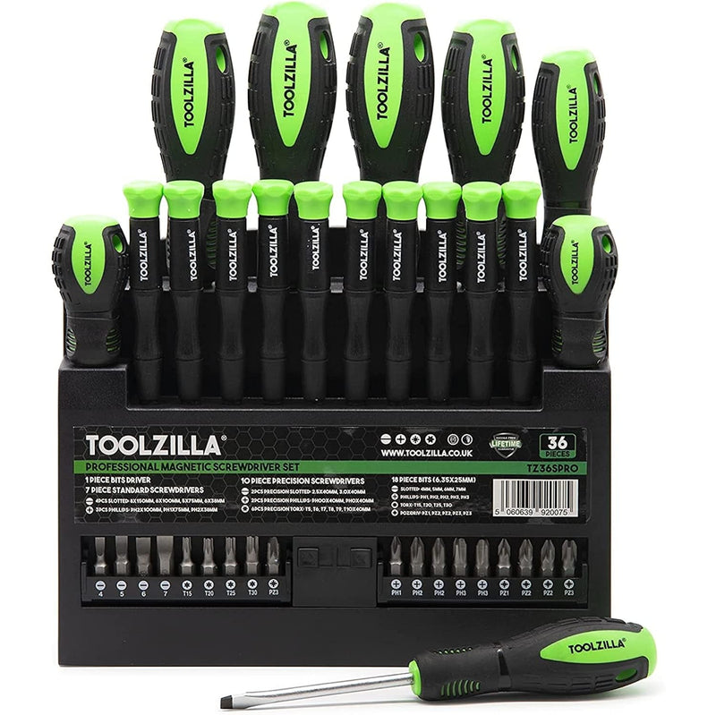 36 Piece Magnetic Screwdriver Set - Heavy Duty Driver Kit - Includes Slotted, Pozidriv, Philips and Flat Head Screwdriver - Durable Chrome Vanadium Steel Tools - for Electronics and Computer