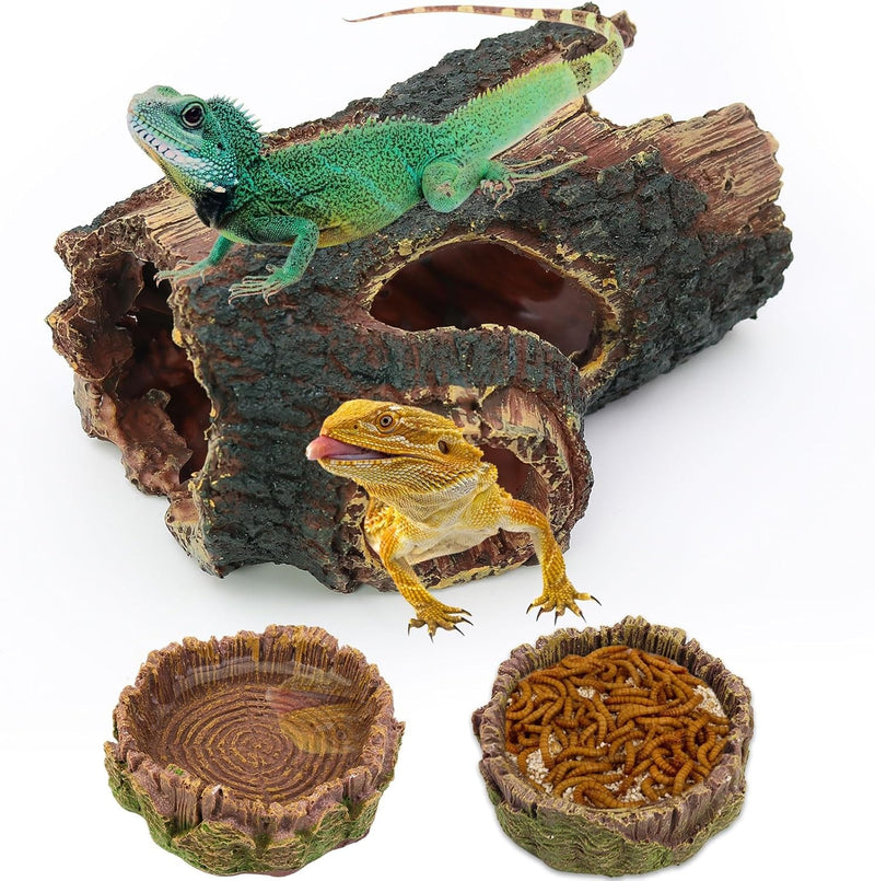 3Pcs Reptile Hide Cave Small Lizard Reptile Food＆Water Bearded Dragon Bowls Accessories,Natural Resin Hollow Tree Trunk Hideout,Hermit Crab Supplies Trunk Snake Gecko Frogs Fish Tanks Decor