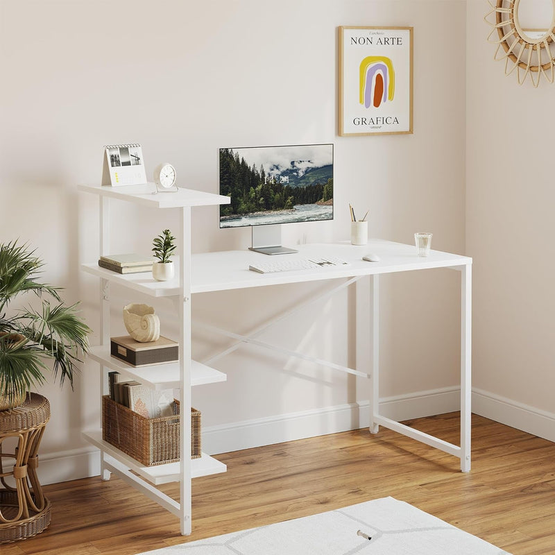 Cubicubi Small Computer Desk with Shelves, 40 Inch Reversible Home Office Desk with 3 Tier Storage Bookshelf, Study Writing Office Table, Pure White