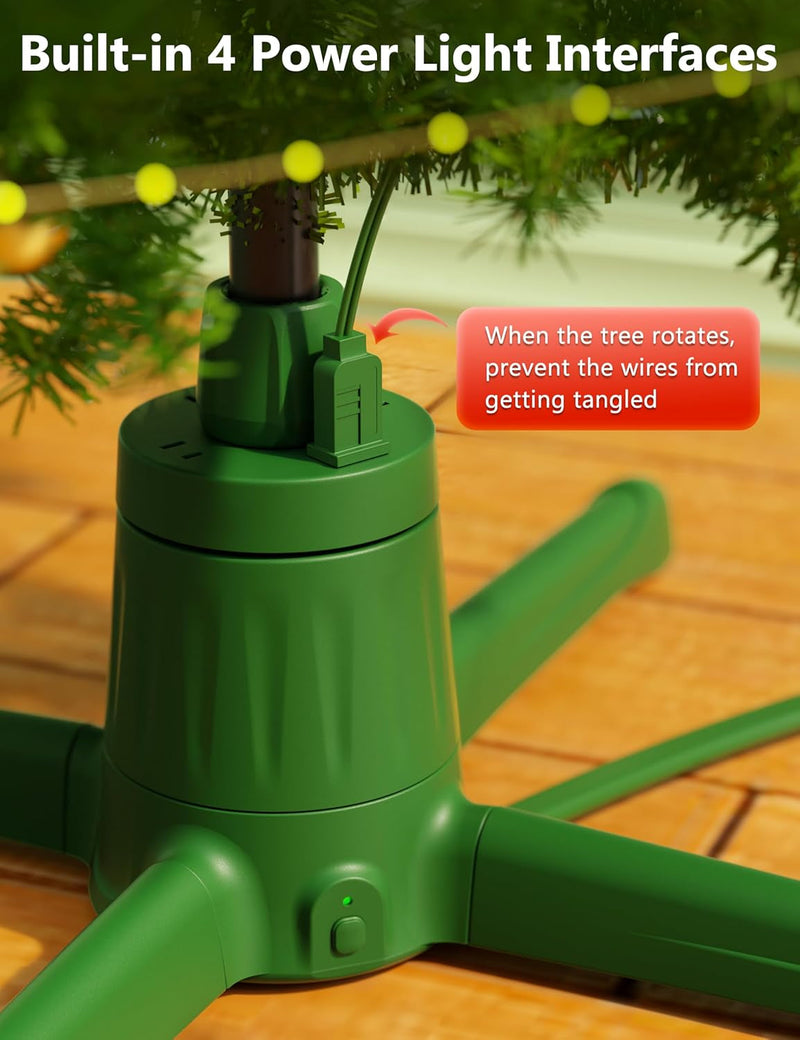 COOLWUFAN 360-Dgree Rotating Christmas Tree Stand for up to 9Ft & 120Lb Artificial Trees, 4 Built-In Power Outlets Base with Remote Control, Sturdy Revolving Holder for 7.5Ft Xmas Tree, Green