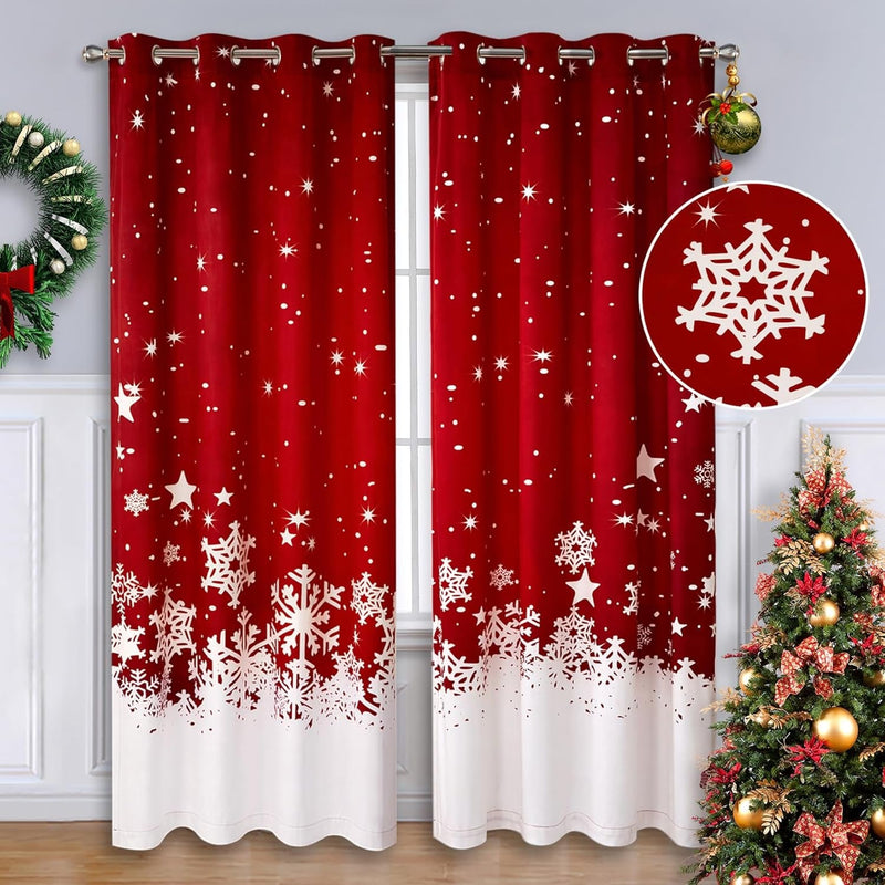 CAROMIO Christmas Curtains for Living Room 2 Panel Sets, Red Velvet Window Curtains 84 Inches Long, Floral Snowflake Decoration Curtains, Thermal Insulated Room Darkening Curtains, 52 X 84 Inches