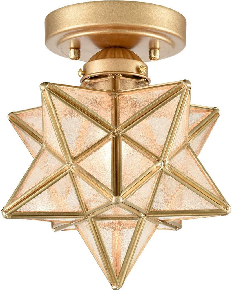 12-Inch Moravian Star Ceiling Light Brass Boho Moroccan Lamp with Seeded Glass Shade