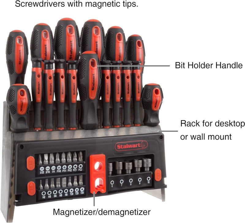 39-Piece Magnetic Screwdriver Set - Tool Kit with Bits and Power Nut Driver Set - Screwdrivers with Storage Rack - Home Improvement Tools by Stalwart