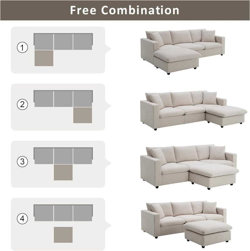 100.4" Sectional Sofa Couch for Living Room, Modern L Shaped Couch Set with 2 Pillows, 4 Seater Polyester Fabric Sofa with Reversible Ottoman for Apartment Office (Beige)