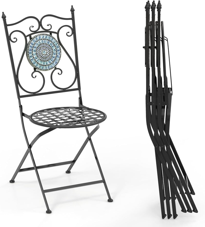 Giantex Set of 2 Patio Folding Chairs, Mosaic Bistro Chairs W/Backrest & round Seat, Heavy-Duty Metal Frame, 330Lbs Capacity, Outdoor Chairs for Porch Balcony Lawn