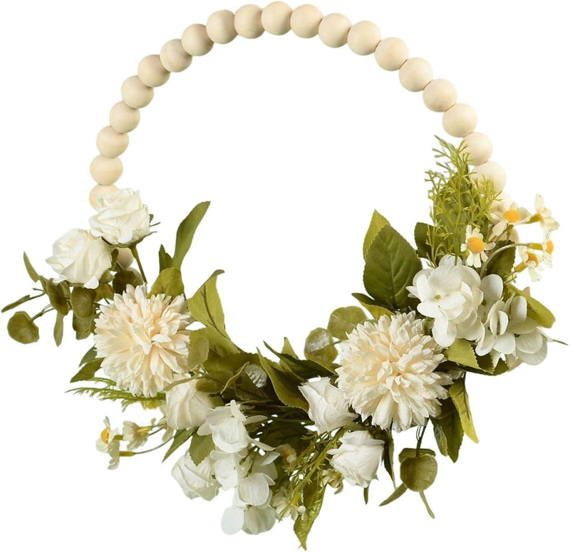 Fenteer Wedding Artificial Flower Wreath Wood Bead Garland Door Hanging Wooden Beads Hoop Decor for Holiday Valentine'S Day Party Wedding Wall Home Decor, White