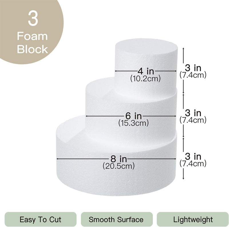 Crafare 3 Tiers round Foam Cake Dummies Set 4" 6" 8" White Fake Practice Cake Dummy 9 Inch Tall for Christmas Wedding Supplies Baby Shower Birthday Cake Decorating Display