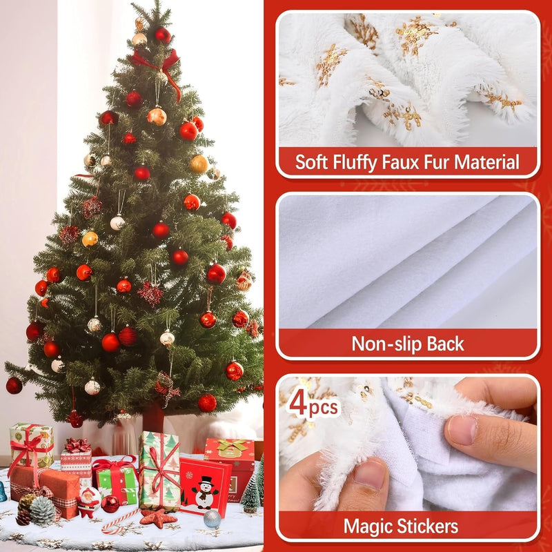 Christmas Tree Skirts 60 Inches, White Faux Fur Christmas Tree Skirt with Gold Sequin Snowflakes, Extra Large Plush Tree Skirts for Xmas Holiday Party Decorations.