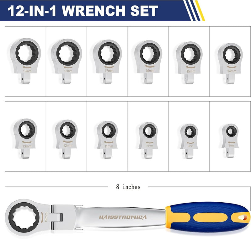 Haisstronica 12 in 1 Interchangeable Heads Ratcheting Combination Wrench Set, 8-19Mm Metric Flex Head Ratchet Wrench Tool for Auto, Tools for Men Gift