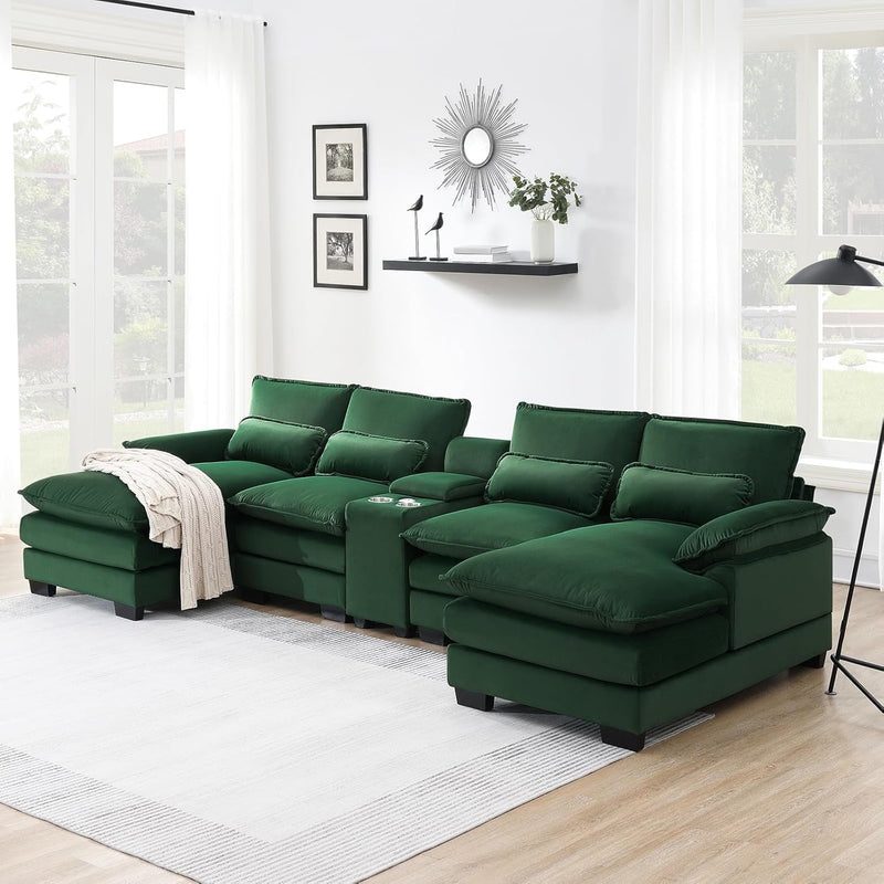 Chenille U Shaped Modular Sectional Sofa,6 Seat Couch 8 Deap Seats Corne, Oversized Convertible Upholstery,Symmetrical Sofa Cloud Couches with Double Chaise for Living Room Apartment (Green)