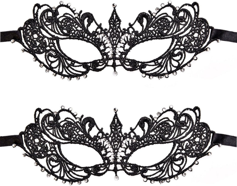 2 Pieces Women'S Masquerade Mask Lace Eye Mask with Fake Gemstone Decor for Ball Proms and Halloween Party