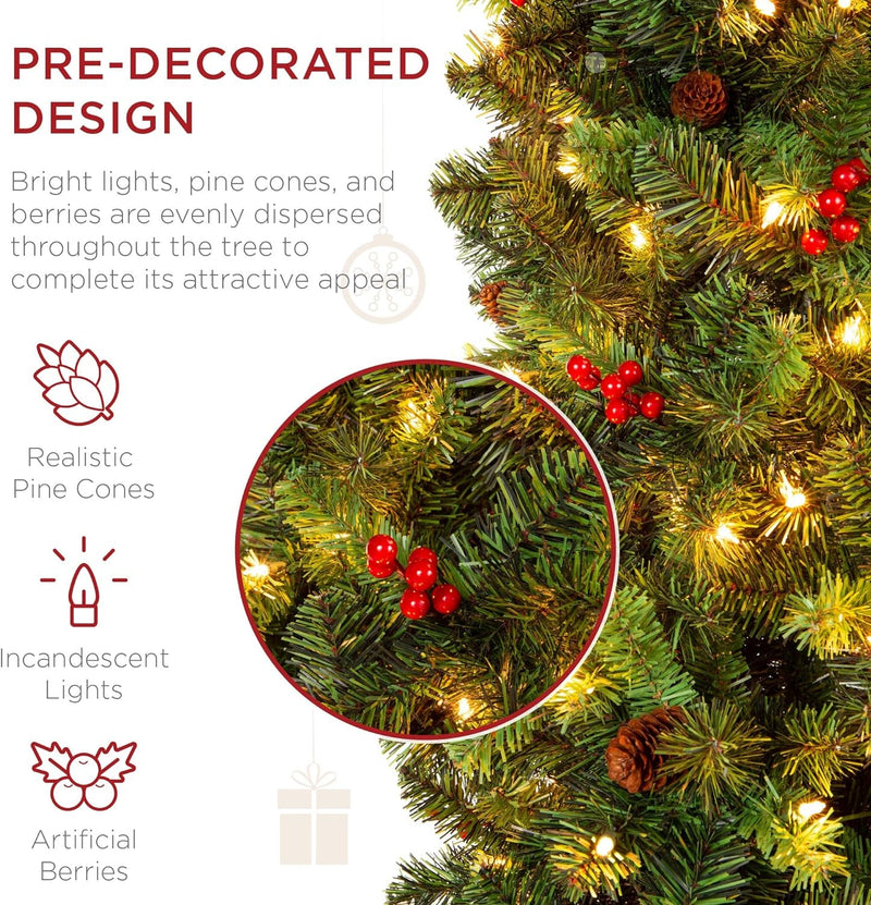 Best Choice Products 6Ft Pre-Lit Spruce Pencil Christmas Tree Pre-Decorated for Home, Office, Party, Holiday Decoration W/ 618 Tips, 250 Lights, Pine Cones, Metal Hinges & Base - Green