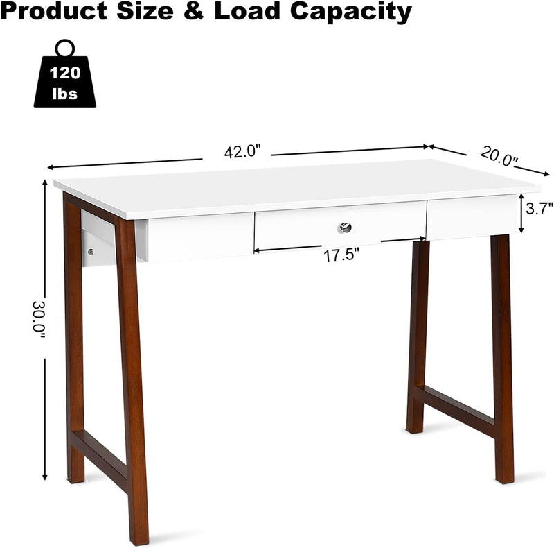 COSTWAY 42" Computer Desk with Storage Drawer, Modern Home Office Writing Study Table with Solid Rubber Wood Legs & Non-Slip Foot Pads, Multifunctional Makeup Vanity Dressing Table (Coffee and White)