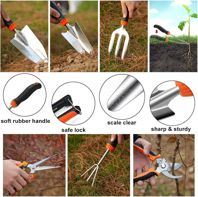 Garden Tool Set,10 PCS Stainless Steel Heavy Duty Gardening Tool Set with Soft Rubberized Non-Slip Ergonomic Handle Storage Tote Bag,Gardening Tool Set Gifts for Women and Men