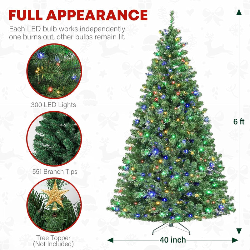 6Ft Prelit Christmas Tree, Artificial Chrismas Tree with 300 Multicolor LED Lights, Easy Assembly with Metal Stand and Hinged Branches, 551 PVC Branch Tips, 10 Color Modes