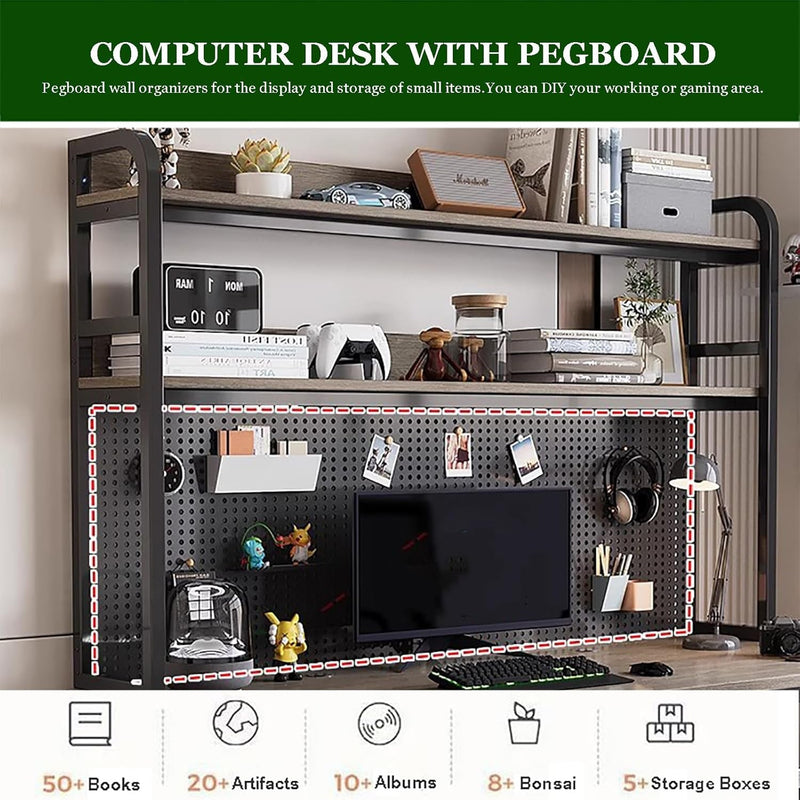 Computer Desk with Pegboard & Shelves,47 Inches Home Office Desk with Hutch and Storage,Industrial Gaming Desk Pc Desk,Study Writing Table Workstation for Home Office(100Cm/39.3", White Wood)