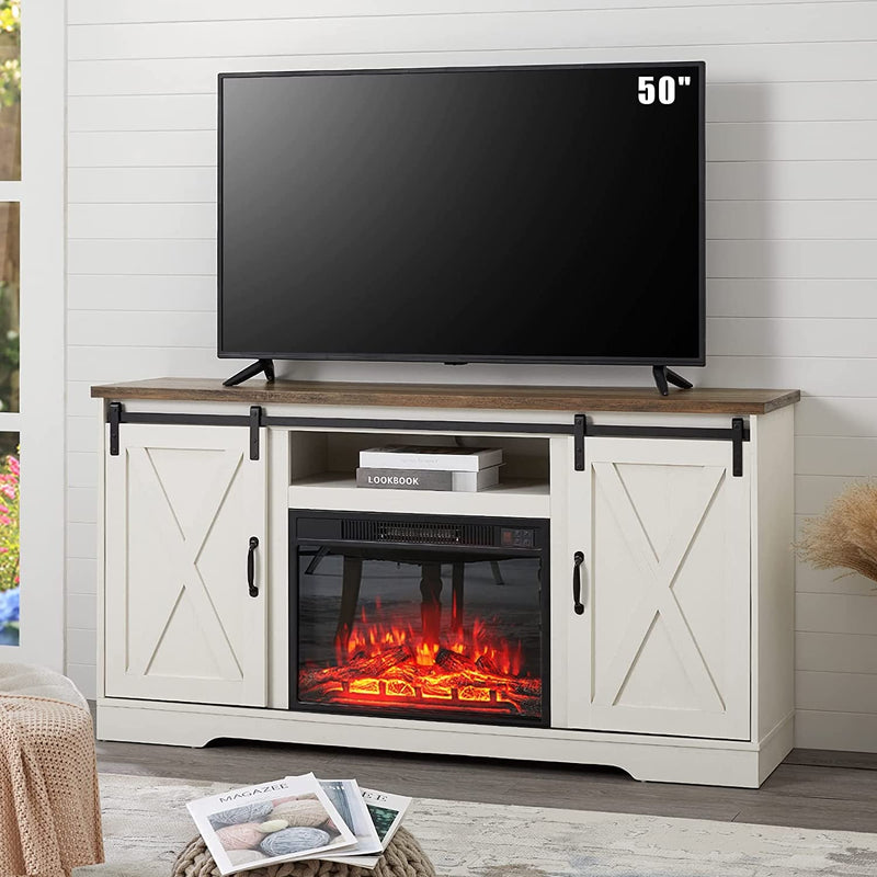 AMERLIFE Fireplace TV Stand with Sliding Barn Door for Tvs up to 73", Farmhouse 63" Fireplace Entertainment Center with Storage Cabinets/Adjustable Shelves, Distressed White & Barnwood