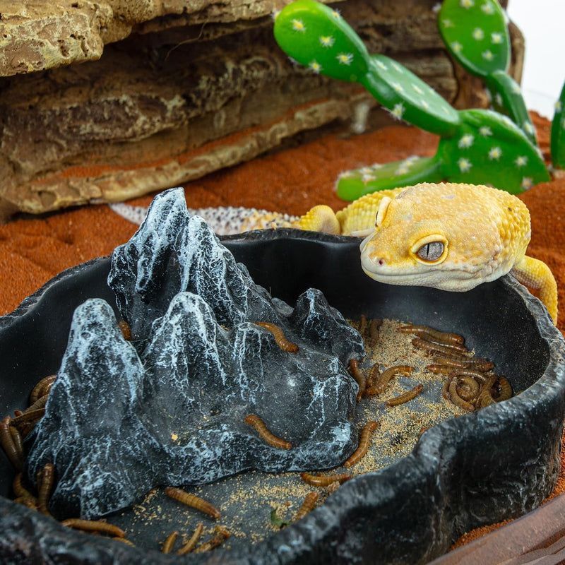 2 Pack Large Reptile Food Bowl and Water Bowl Set, Drowning Prevention Reptile Water Dish and Reptile Food Dish with Simulated Rockery, Reptile Feeder Terrarium Decoration Bowls