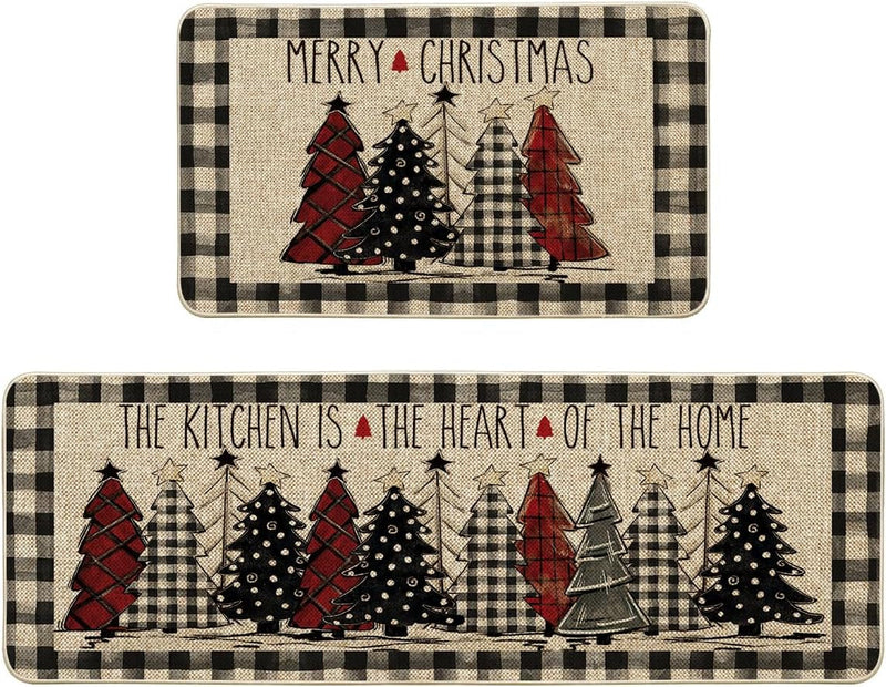 Artoid Mode Buffalo Plaid Xmas Tree Merry Christmas Kitchen Mats Set of 2, Winter Home Decor Low-Profile Kitchen Rugs for Floor - 17X29 and 17X47 Inch