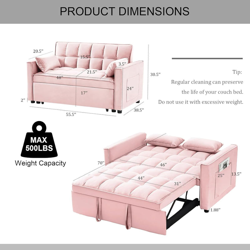 3 in 1 Sleeper Sofa Couch Bed, Velvet Convertible Loveseat Sleeper Sofa with Adjustable Backrest and Pillows, Pull Out Loveseat Sleeper with Storage Pockets for Living Room Office, Pink