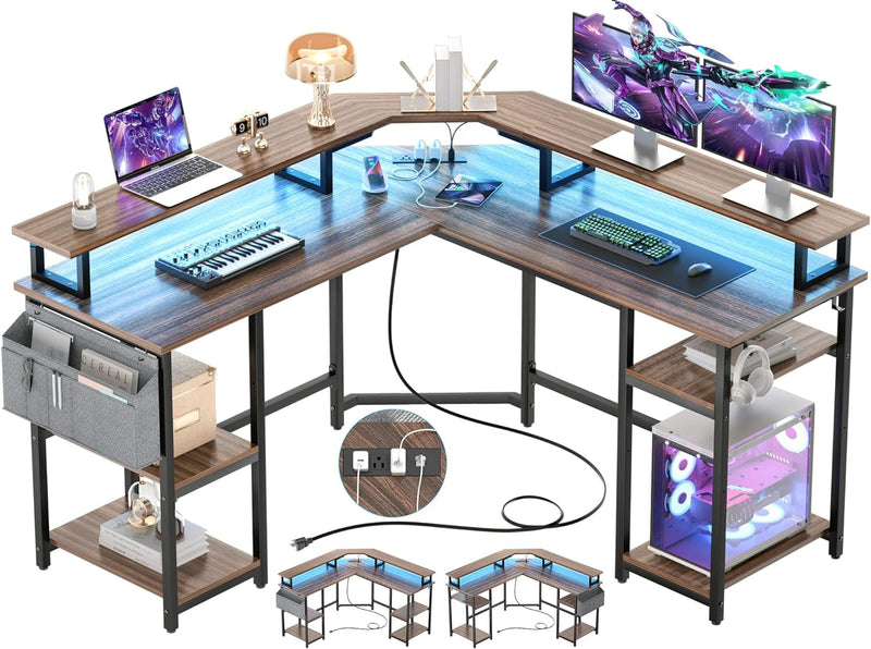 Aheaplus L Shaped Gaming Desk with Power Outlets & LED Lights, Corner Computer Desk with Monitor Stand and Storage Shelf, Home Office Writing Desk with Storage Bag, Rustic Brown