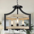 3-Light Rustic Farmhouse Pendant Hanging Light Adjustable Height Max 68In, Convertible Vintage Semi Flush Mount Ceiling Light Fixture Black Metal Chandelier Walnut Wood Finish for Kitchen Dining Room