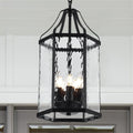 10" Modern 5-Light Exterior Black Lantern Pendant Light Fixture with Clear Rippled Glass Mini Industrial Hanging Cage Chandelier for Outdoor Kitchen Dining Room Hallway Entryway Foyer Porch