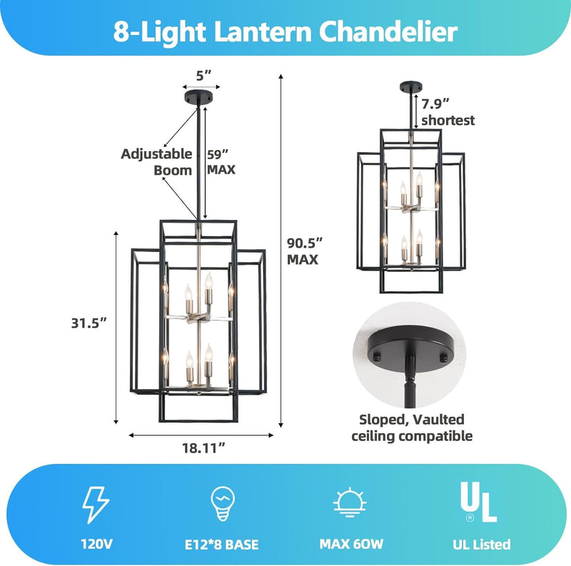 8-Light Lantern Chandelier Lighting, 31.5 in Entryway Chandeliers for High Ceilings, Chandeliers for Dining Room, Foyer, Entry, Staircase, Hallway, Height Adjustable (Black & Silver)