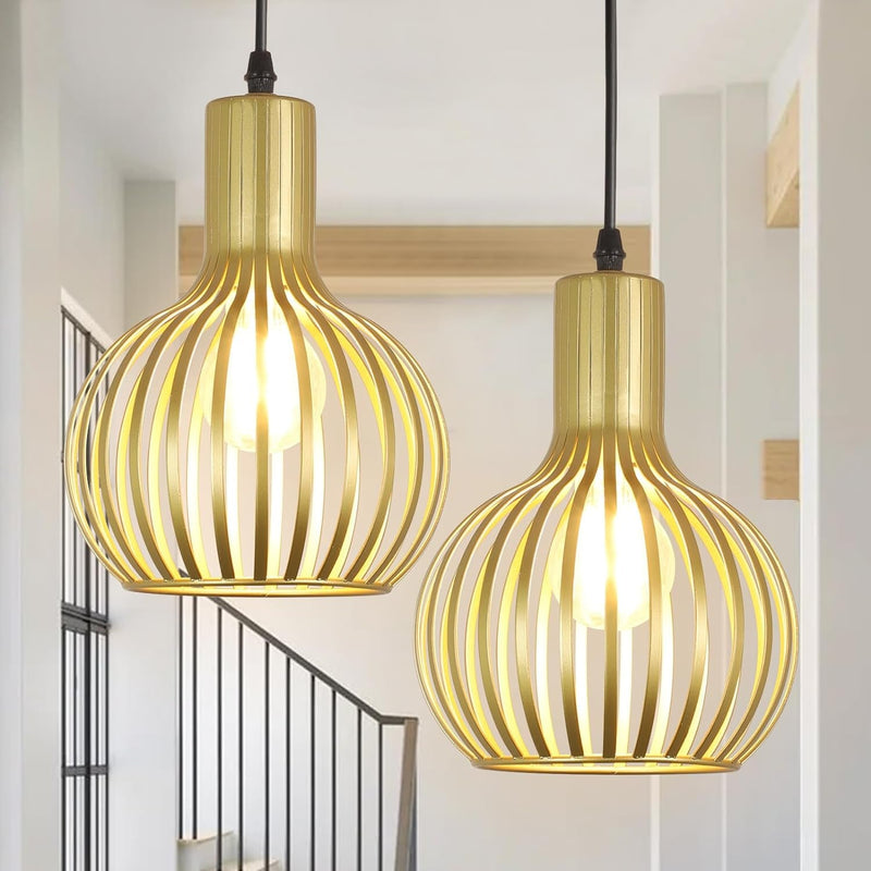 DLLT 2-Pack Gold Pendant Light Fixtures, Adjustable Pendant Lighting over Sink, Farmhouse Metal Pendant Lights Kitchen Island, Vintage Brass Hanging Light for Living Room, Dining Room, Bedroom, E26