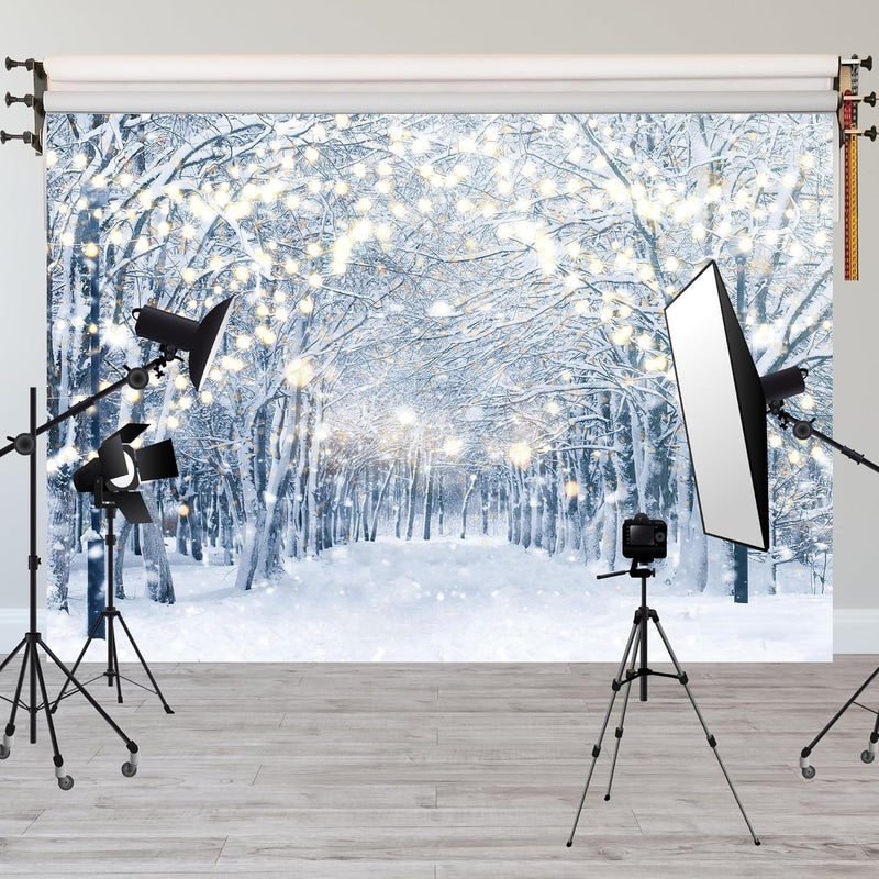 7X5Ft Winter Snowy Scene Photography Backdrop Wonderland Snowflake Tree Snow Background Bokeh Glitter White Snow Forest Landscape Party Photo Booth Studio Props