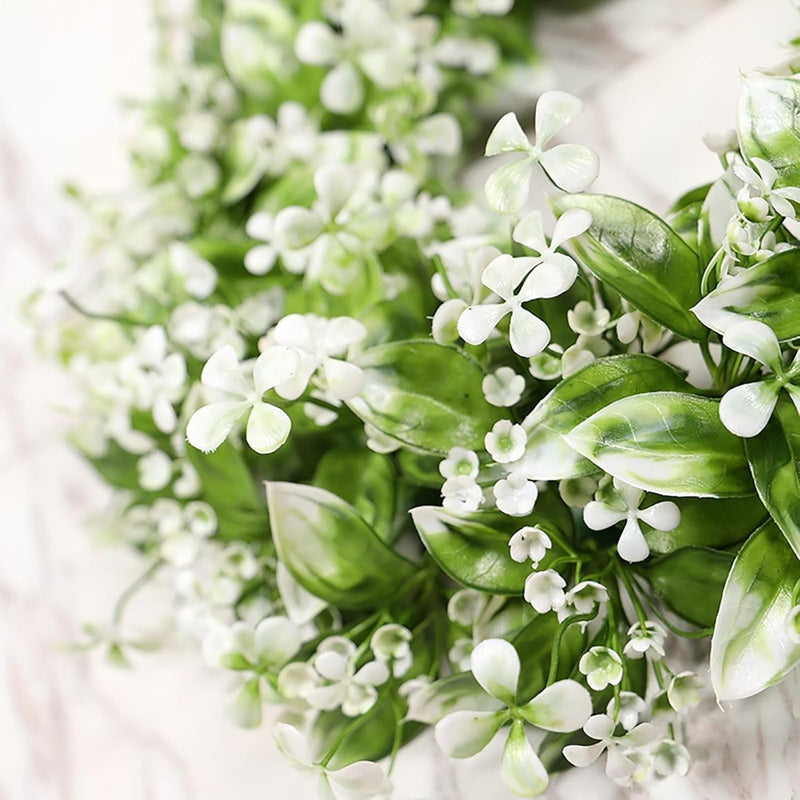 Emivery Artificial Flower Wreath, Fake White Babys Breath Wreath Artificial Wreath with Green Leaves for Front Door Wedding Home Party Decor