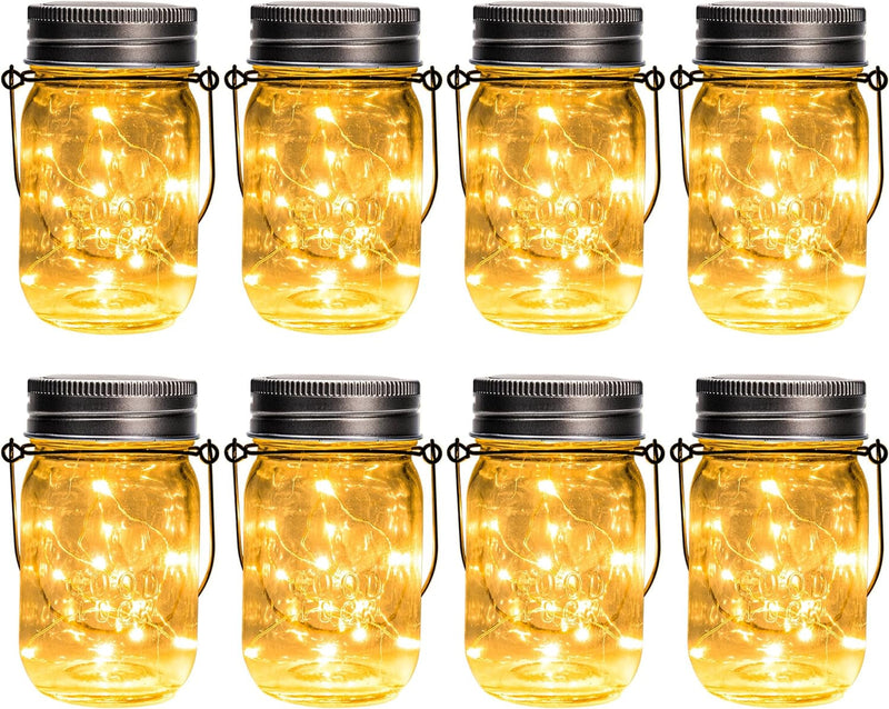 GIGALUMI Hanging Solar Mason Jar Lights, 6 Pack 30 Led String Fairy Lights Hanging Solar Lanterns Outdoor Waterproof, Hangers and Jars Included, Outdoor Decor for Christmas, Wedding, Garden, Patio