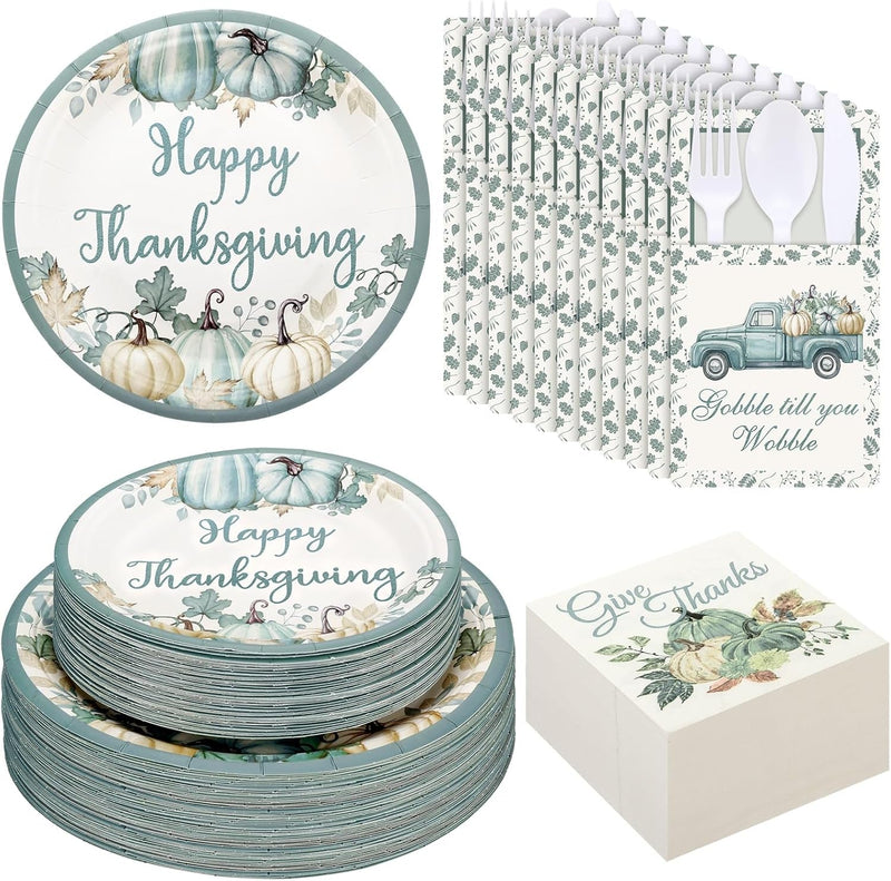 264 Pcs Thanksgiving Plates Napkins Disposable Cutlery Holder Set Thanksgiving Centerpieces for Table Decoration Dinner Autumn Leaves Fall Harvest Wedding Decoration