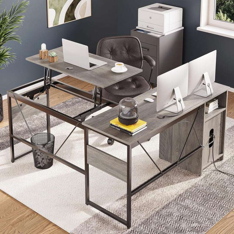 Bestier L Shaped Standing Desk Adjustable Height, 60" Corner Computer Desk with Storage File Cabinet, 95.2" Long and Large Reversible Office Desk with Lift Top, Washed Gray
