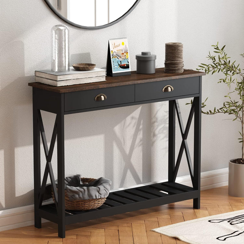 Choochoo Farmhouse Console Table with Drawer for Entryway, Narrow Long Entry Table with Shelf for Living Room, Rustic Vintage Hallway Sofa Table with Stable X Supports, 40 Black