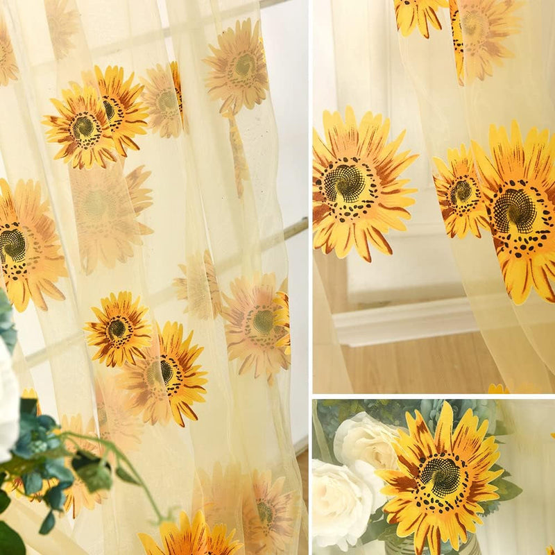 2PCS Sunflower Curtains Yellow Sheer Window Curtains with 2 Curtain Tiebacks Rope for Bedroom Living Room Kitchen Decor, Rod Pocket Window Treatments W39 X L79