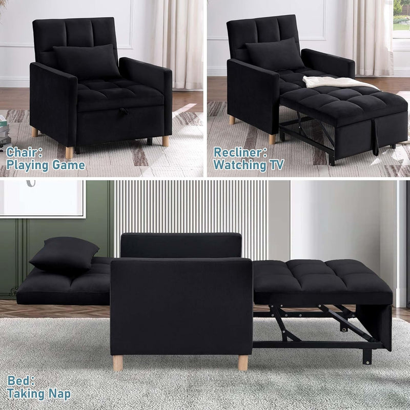 Convertible Sleeper Sofa Chair 3 in 1 Multi-Function Folding Ottoman Couch, Sigle Pull-Out Bed with Adjustable Backrest and Pillow for Living Room Apartment Office, Black