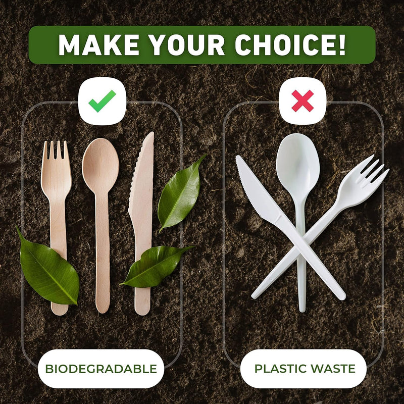 Disposable Wooden Cutlery Set - 300 Count (100 Forks, 100 Knives, 100 Spoons) – Plastic-Free Packaging - Biodegradable Silverware and Splinter-Free Compostable Utensils for Parties