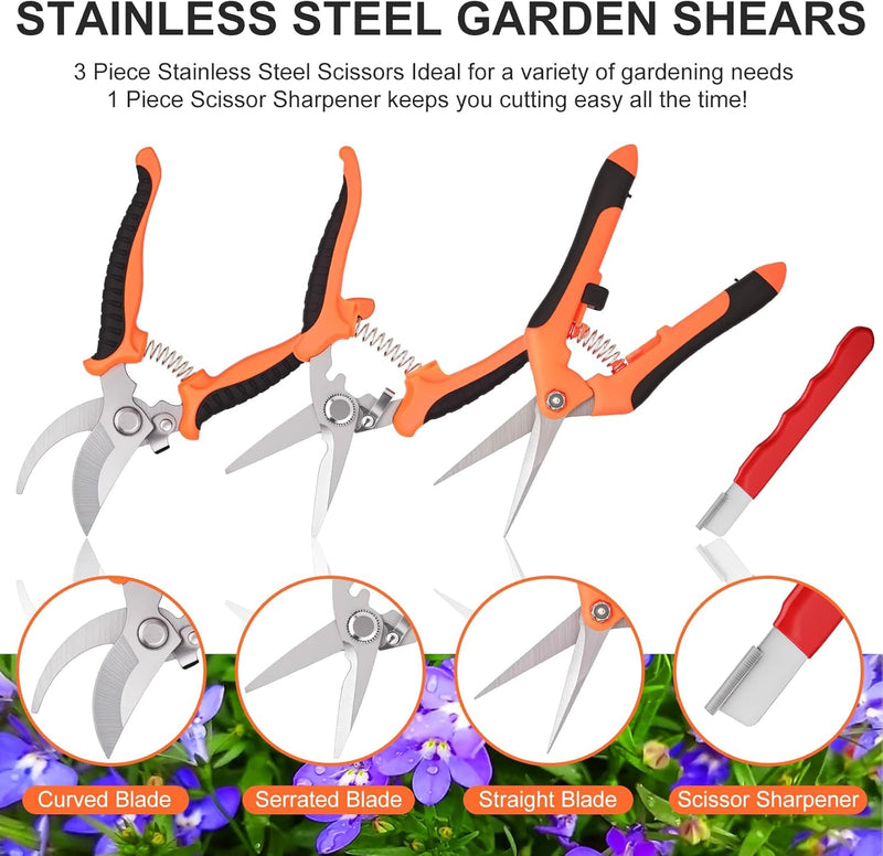 4Pieces Gardening Tools, Gardening Scissors,Garden Scissors, Scissors Set with Sharpening Stone, Gardening Stainless Steel Pruning Shears with Sharp Blades and Curved Handles Make Cutting Easy