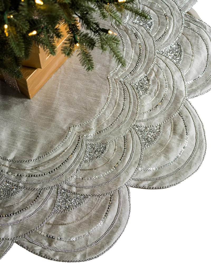 Balsam Hill | Luxury Christmas Tree Accessories | 60" Elizabeth Beaded Tree Skirt | Silver